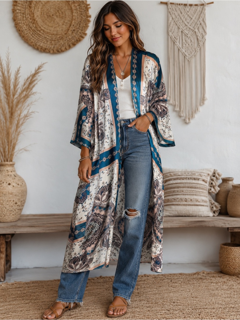 Aratta Teal & Cream Floral Satin Kimono